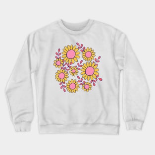 Retro 70s daisy flowers botanical design in blue, pink and yellow Crewneck Sweatshirt